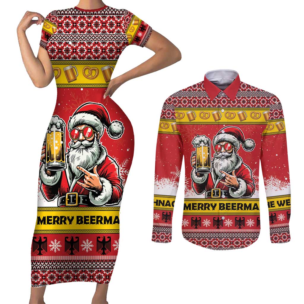 Personalized Germany Christmas Couples Matching Short Sleeve Bodycon Dress and Long Sleeve Button Shirt Santa Claus Merry Beermas - Wonder Print Shop