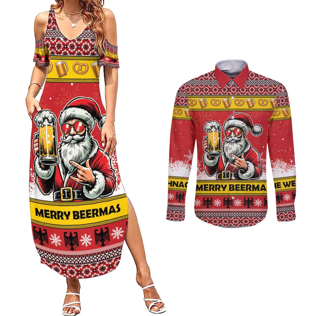 Personalized Germany Christmas Couples Matching Summer Maxi Dress and Long Sleeve Button Shirt Santa Claus Merry Beermas - Wonder Print Shop