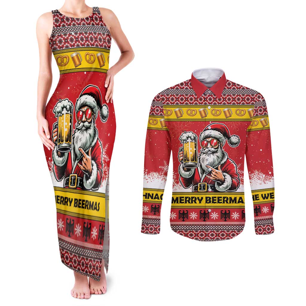 Personalized Germany Christmas Couples Matching Tank Maxi Dress and Long Sleeve Button Shirt Santa Claus Merry Beermas - Wonder Print Shop
