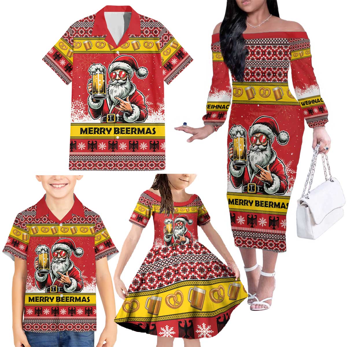 Personalized Germany Christmas Family Matching Off The Shoulder Long Sleeve Dress and Hawaiian Shirt Santa Claus Merry Beermas - Wonder Print Shop