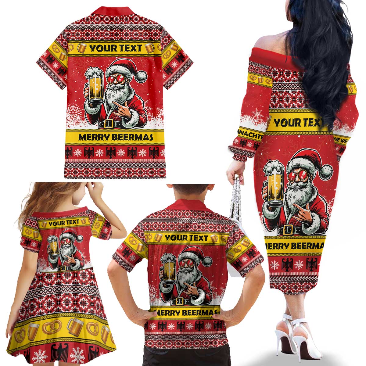 Personalized Germany Christmas Family Matching Off The Shoulder Long Sleeve Dress and Hawaiian Shirt Santa Claus Merry Beermas - Wonder Print Shop