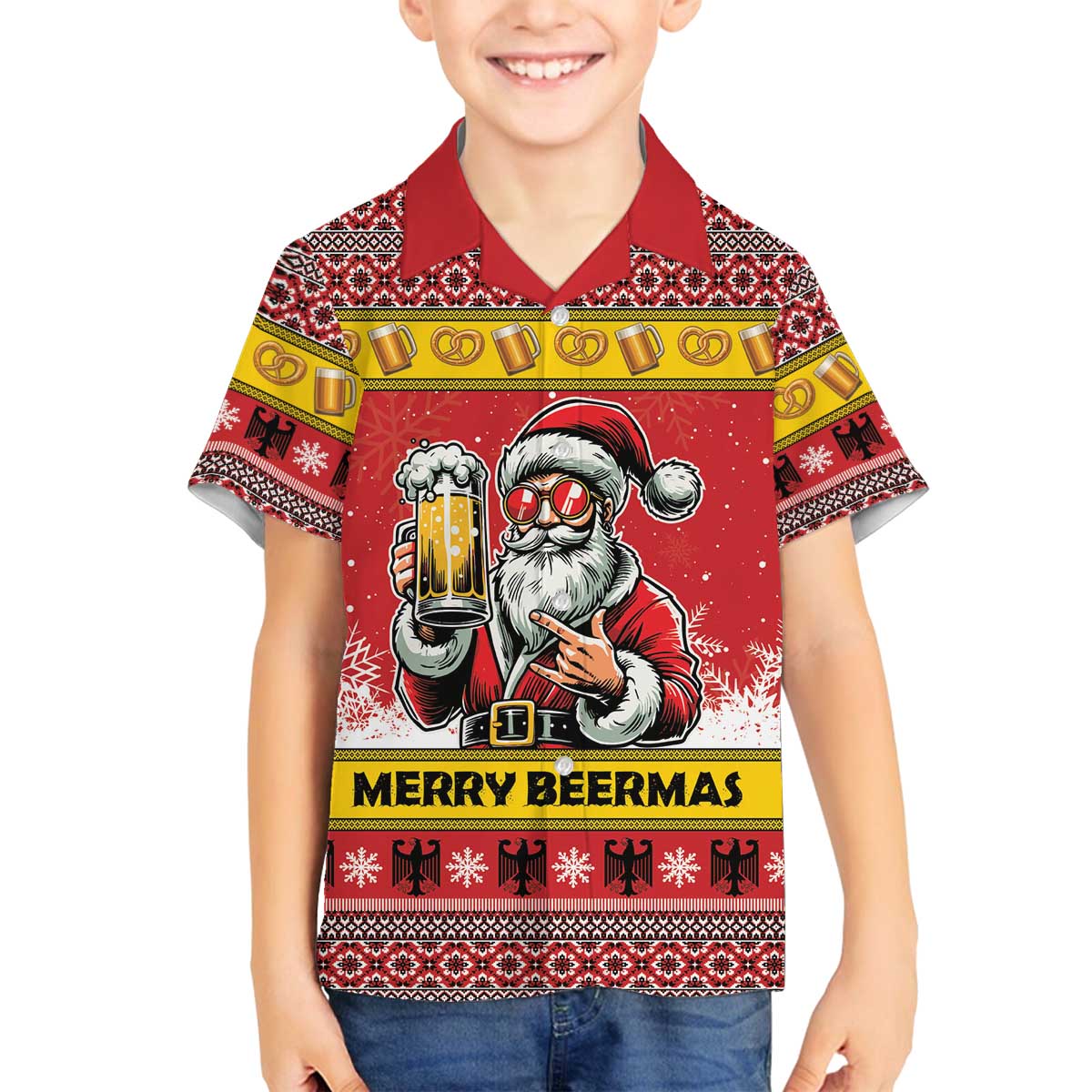 Personalized Germany Christmas Family Matching Off The Shoulder Long Sleeve Dress and Hawaiian Shirt Santa Claus Merry Beermas - Wonder Print Shop