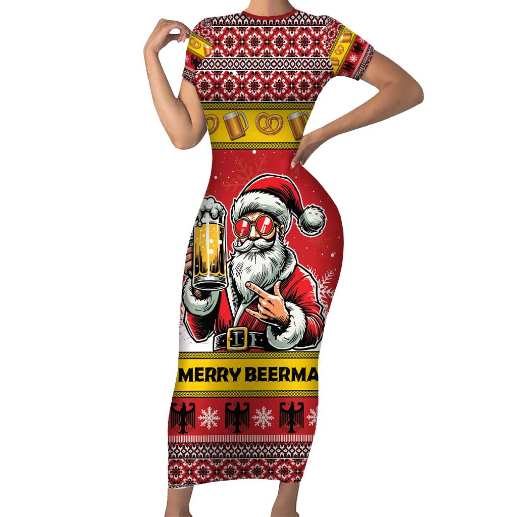 Personalized Germany Christmas Family Matching Short Sleeve Bodycon Dress and Hawaiian Shirt Santa Claus Merry Beermas - Wonder Print Shop