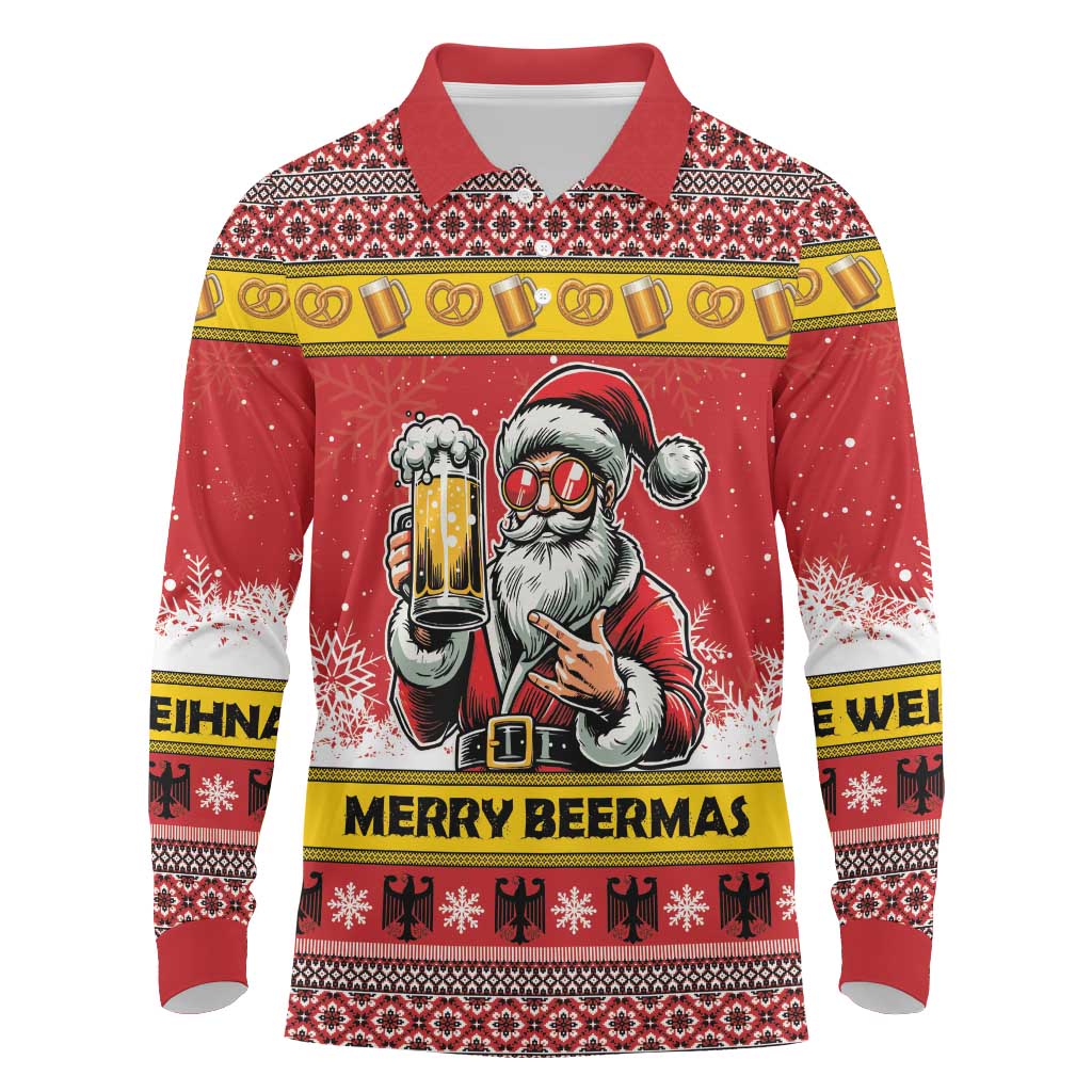 Personalized Germany Christmas Long Sleeve Polo Shirt Santa Claus Merry Beermas - Wonder Print Shop