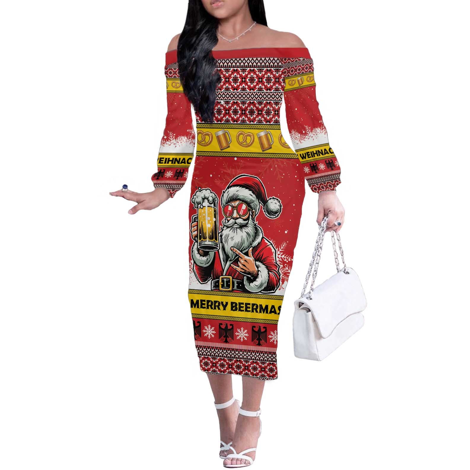 Personalized Germany Christmas Off The Shoulder Long Sleeve Dress Santa Claus Merry Beermas - Wonder Print Shop