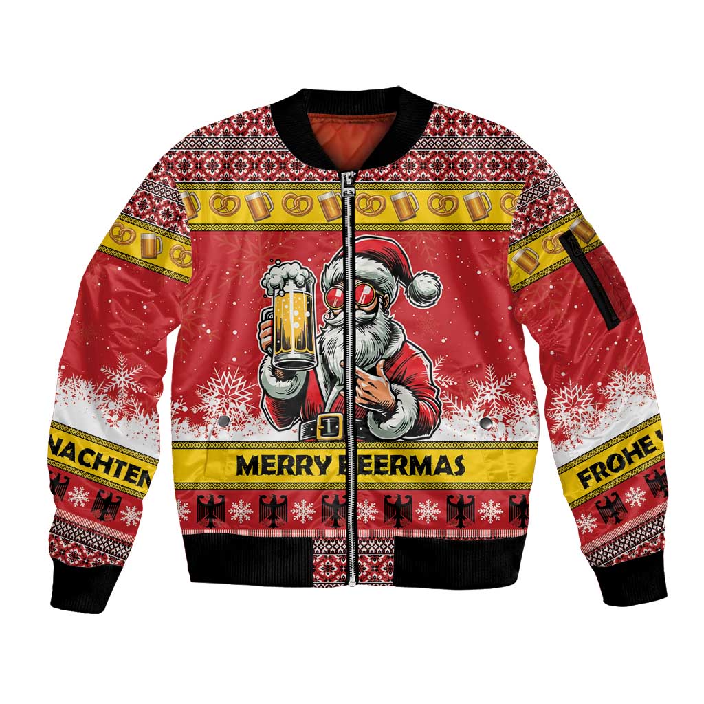 Personalized Germany Christmas Sleeve Zip Bomber Jacket Santa Claus Merry Beermas - Wonder Print Shop