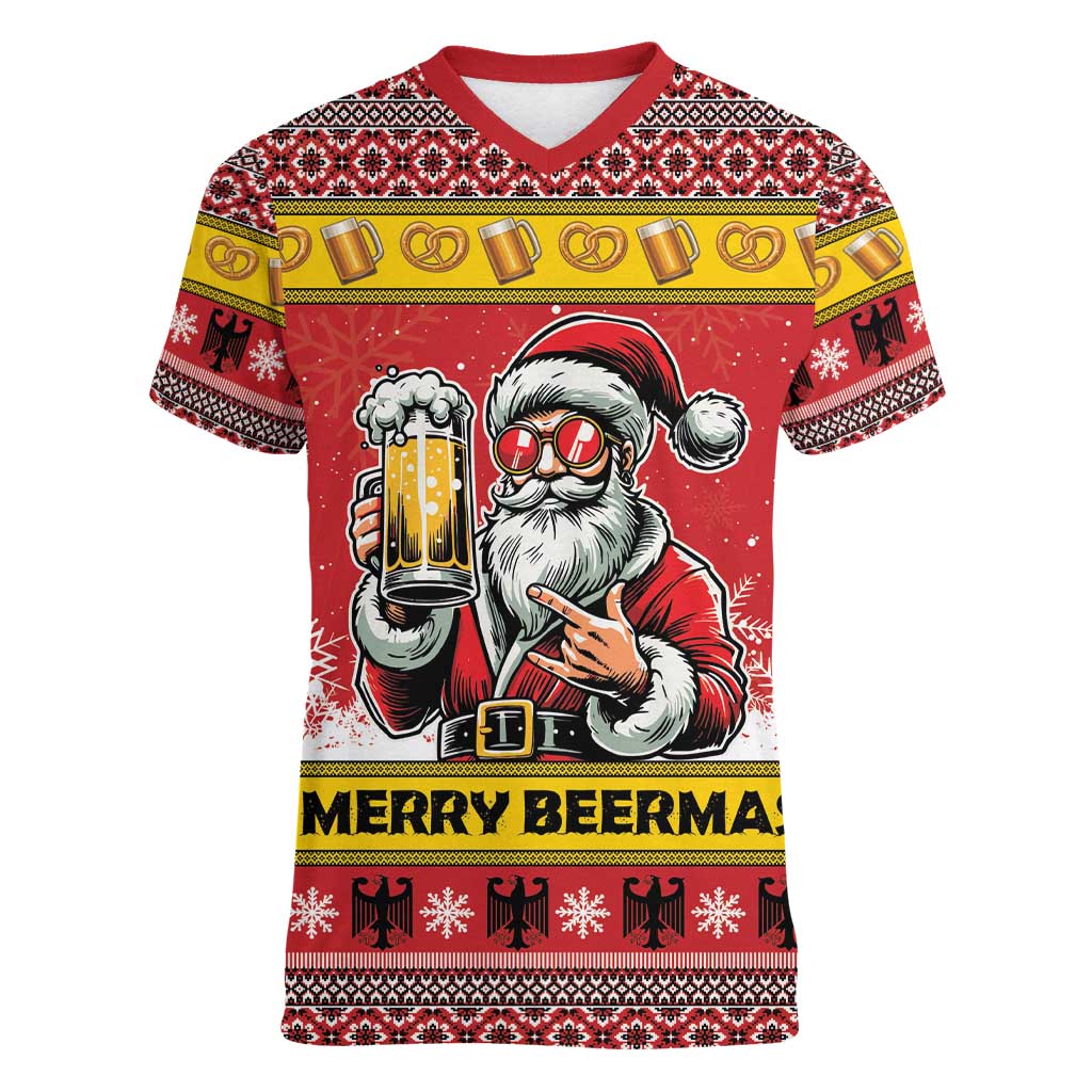 Personalized Germany Christmas Women V-Neck T-Shirt Santa Claus Merry Beermas - Wonder Print Shop