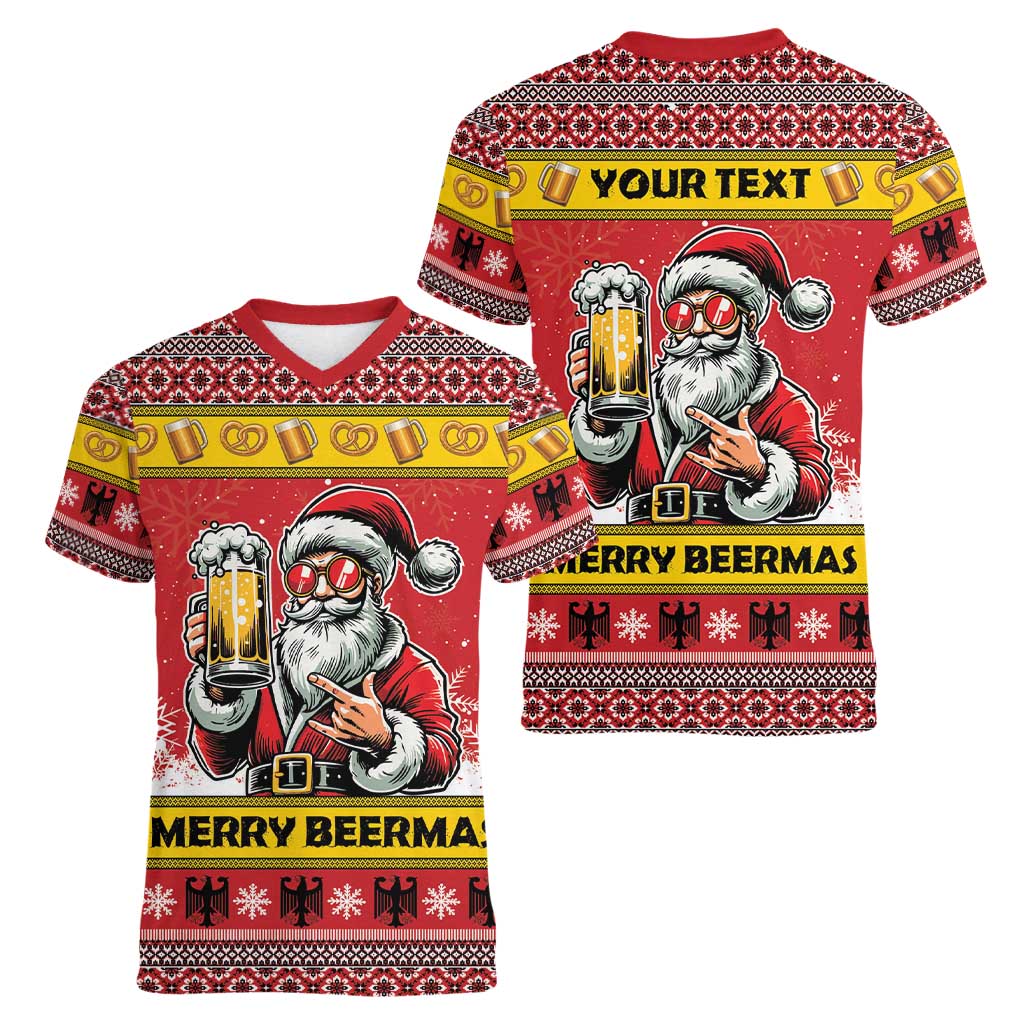 Personalized Germany Christmas Women V-Neck T-Shirt Santa Claus Merry Beermas - Wonder Print Shop