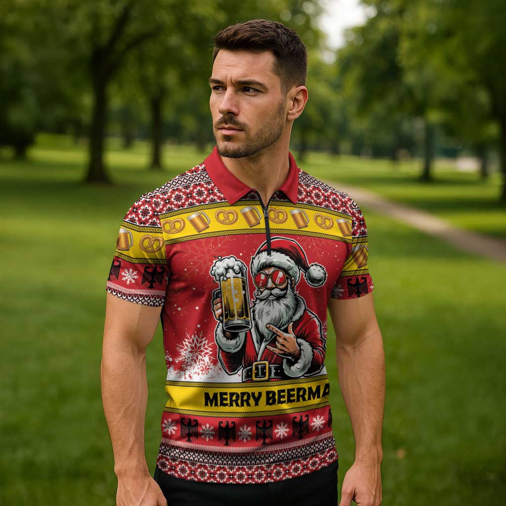 Personalized Germany Christmas Zipper Polo Shirt Santa Claus Merry Beermas - Wonder Print Shop