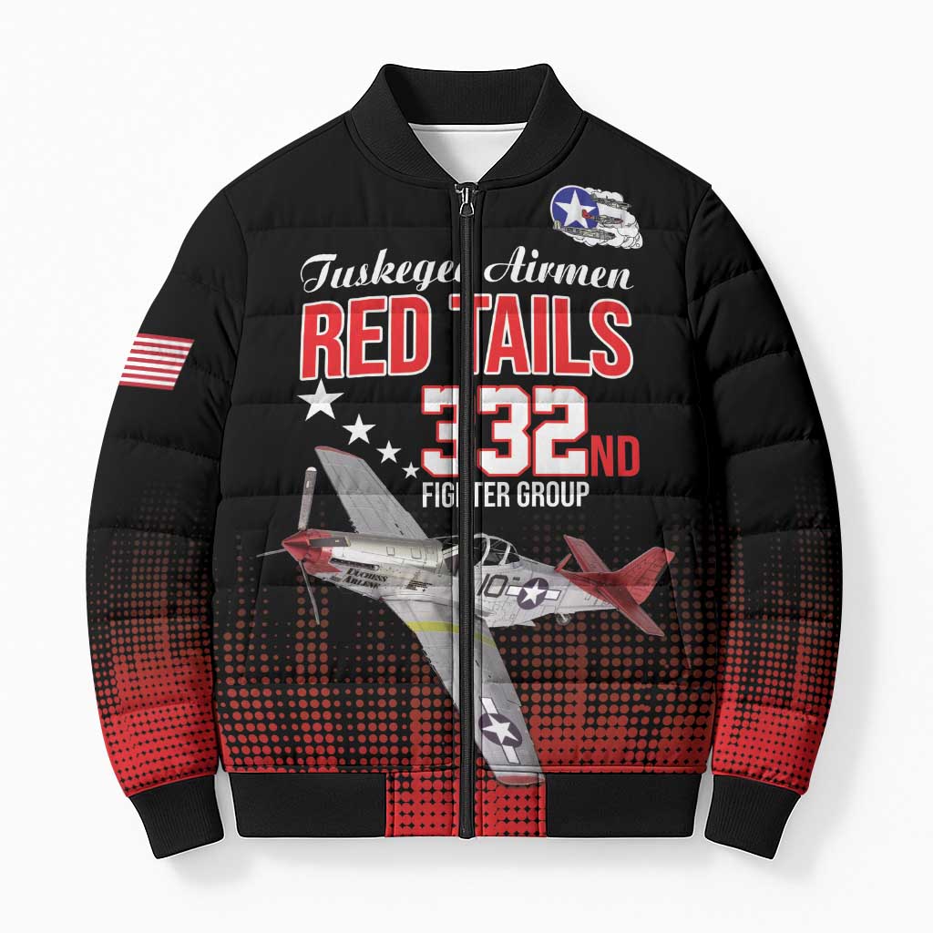 Tuskegee Airmen Red Tails Bomber Puffer Jacket 332nd Fighter Group WWII Tribute Black Style - Wonder Print Shop