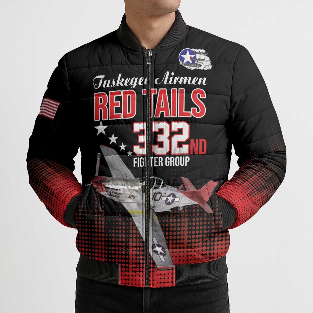 Tuskegee Airmen Red Tails Bomber Puffer Jacket 332nd Fighter Group WWII Tribute Black Style - Wonder Print Shop