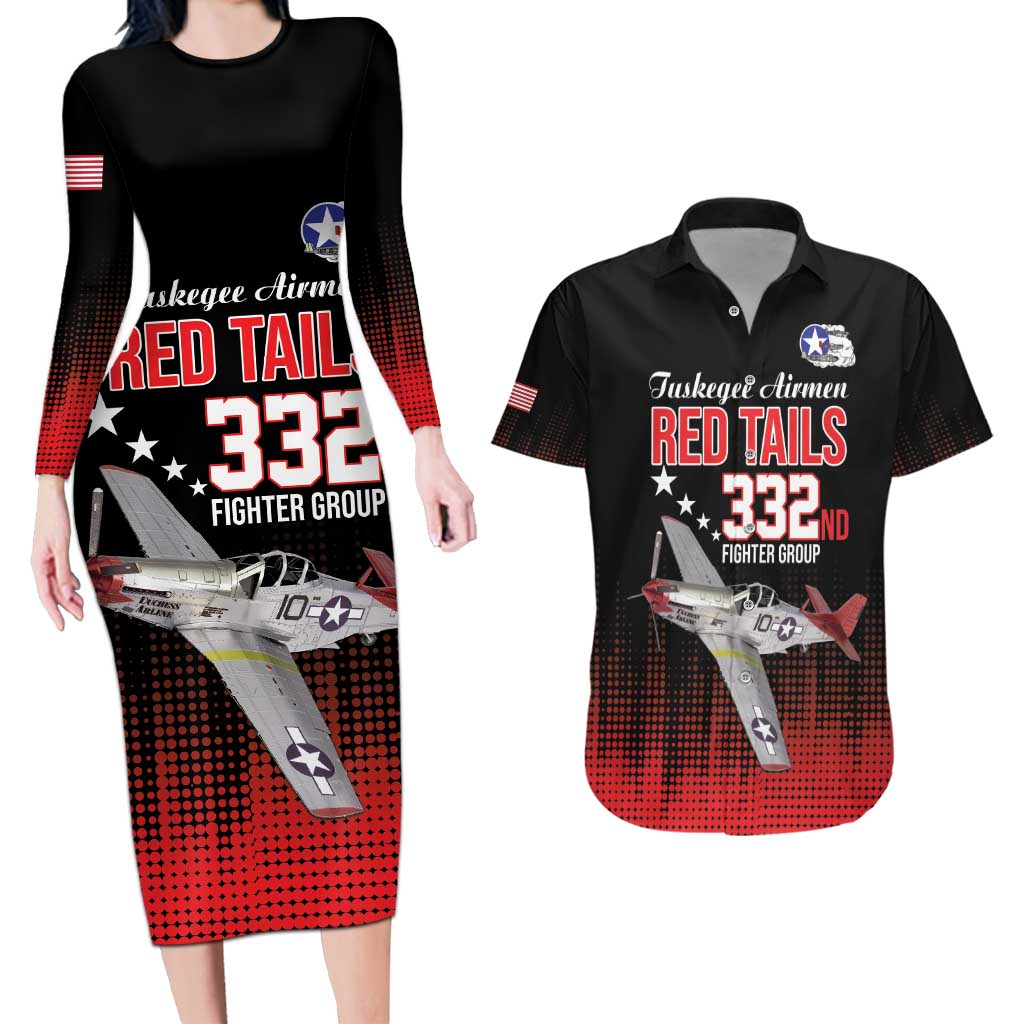 Tuskegee Airmen Red Tails Couples Matching Long Sleeve Bodycon Dress and Hawaiian Shirt 332nd Fighter Group WWII Tribute Black Style - Wonder Print Shop