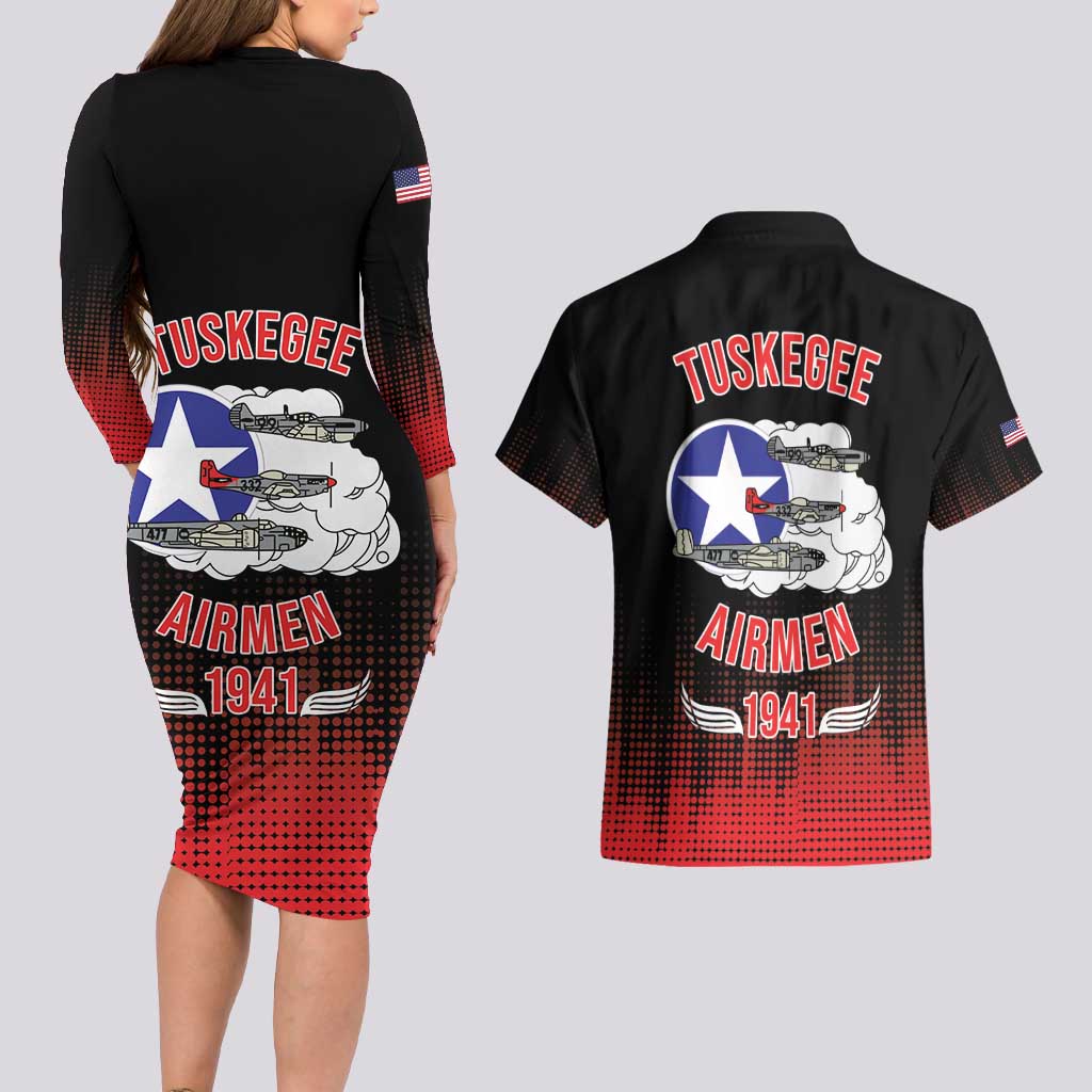 Tuskegee Airmen Red Tails Couples Matching Long Sleeve Bodycon Dress and Hawaiian Shirt 332nd Fighter Group WWII Tribute Black Style - Wonder Print Shop