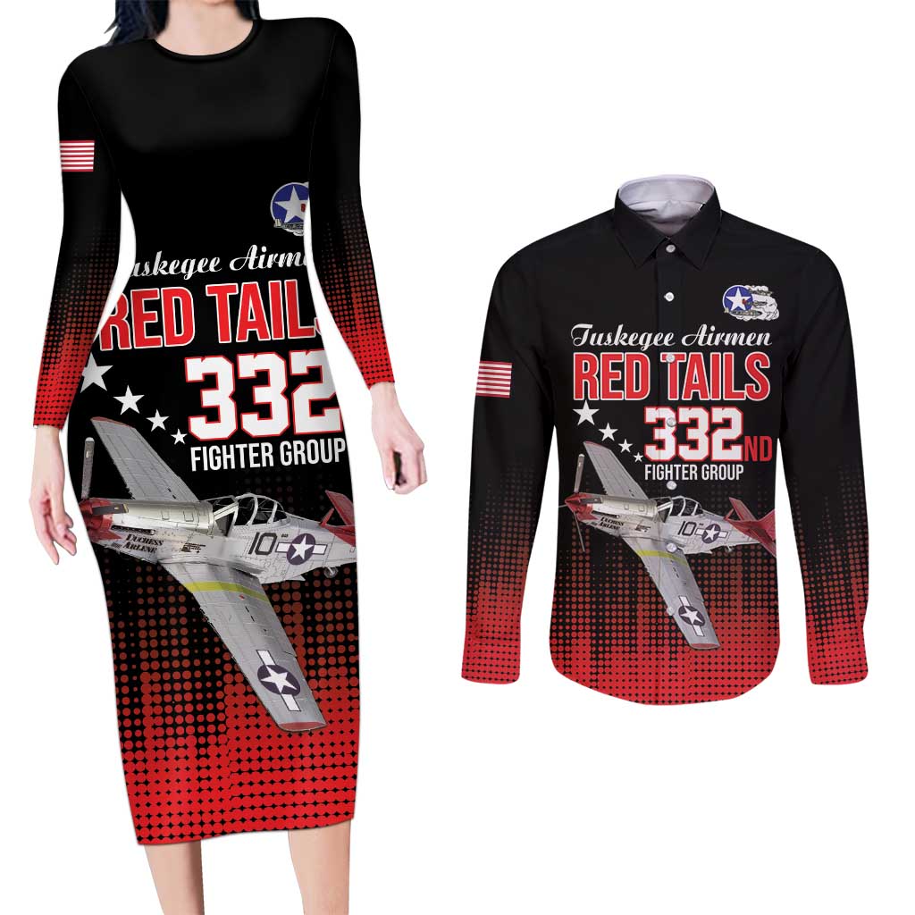 Tuskegee Airmen Red Tails Couples Matching Long Sleeve Bodycon Dress and Long Sleeve Button Shirt 332nd Fighter Group WWII Tribute Black Style - Wonder Print Shop