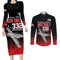 Tuskegee Airmen Red Tails Couples Matching Long Sleeve Bodycon Dress and Long Sleeve Button Shirt 332nd Fighter Group WWII Tribute Black Style - Wonder Print Shop
