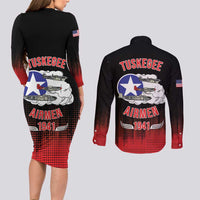 Tuskegee Airmen Red Tails Couples Matching Long Sleeve Bodycon Dress and Long Sleeve Button Shirt 332nd Fighter Group WWII Tribute Black Style - Wonder Print Shop