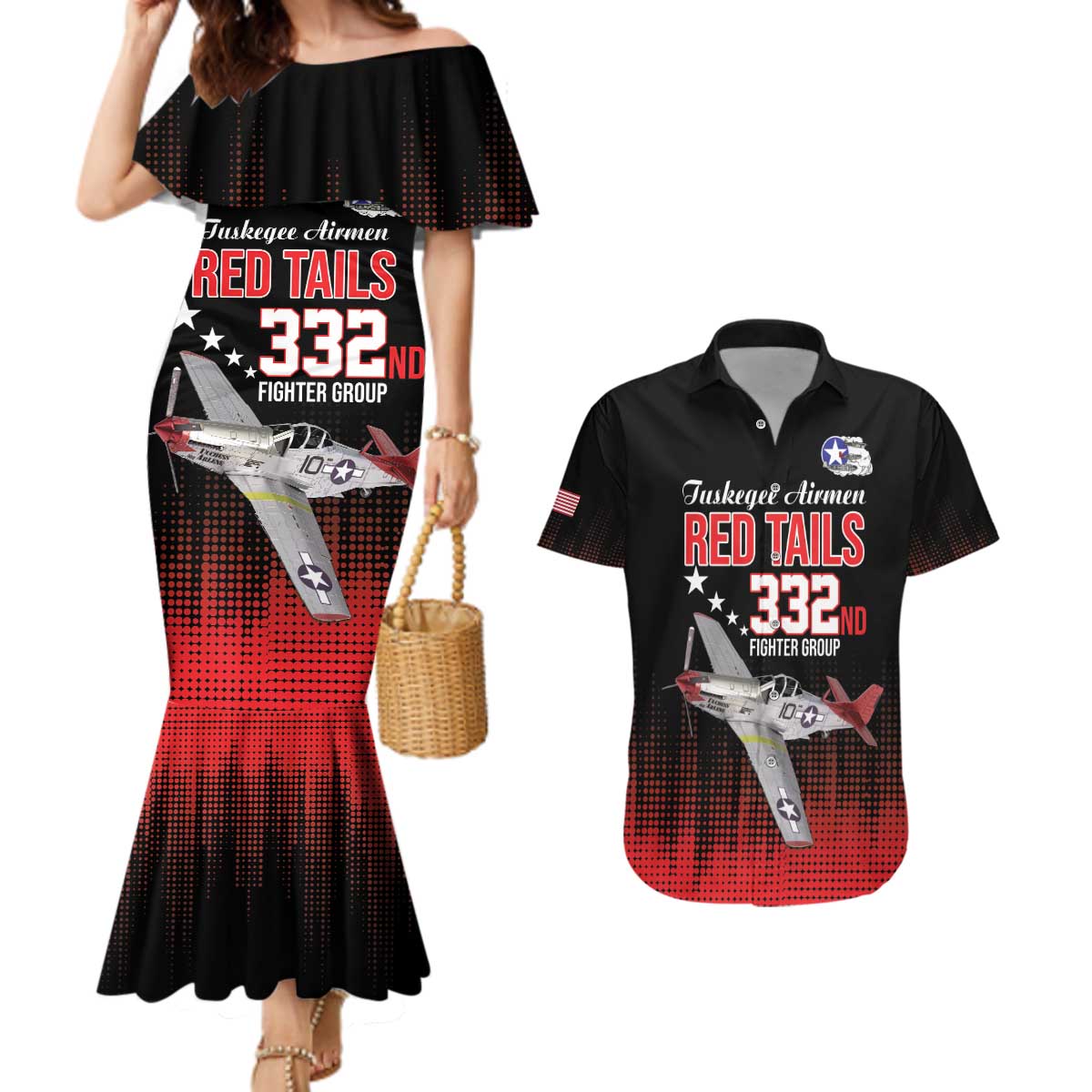 Tuskegee Airmen Red Tails Couples Matching Mermaid Dress and Hawaiian Shirt 332nd Fighter Group WWII Tribute Black Style - Wonder Print Shop