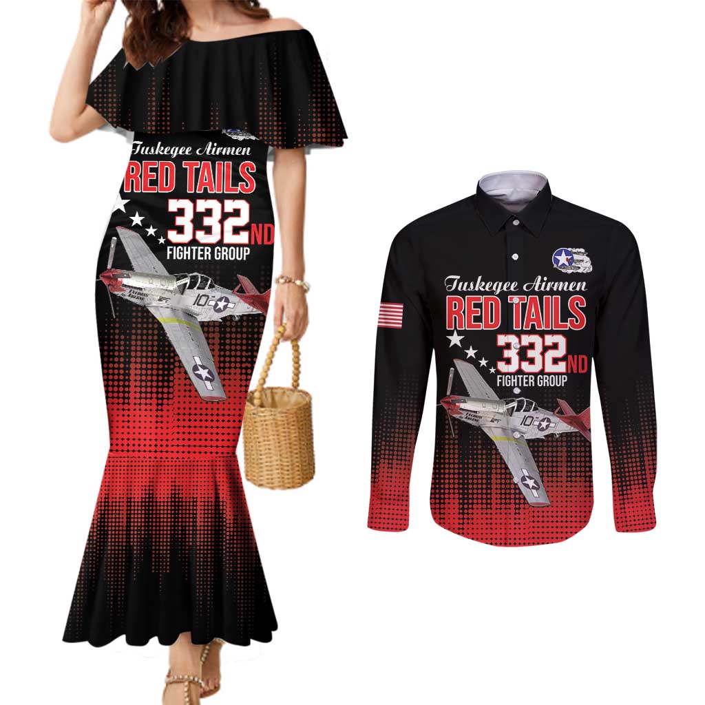 Tuskegee Airmen Red Tails Couples Matching Mermaid Dress and Long Sleeve Button Shirt 332nd Fighter Group WWII Tribute Black Style - Wonder Print Shop