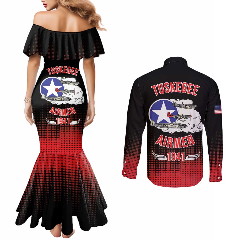 Tuskegee Airmen Red Tails Couples Matching Mermaid Dress and Long Sleeve Button Shirt 332nd Fighter Group WWII Tribute Black Style - Wonder Print Shop
