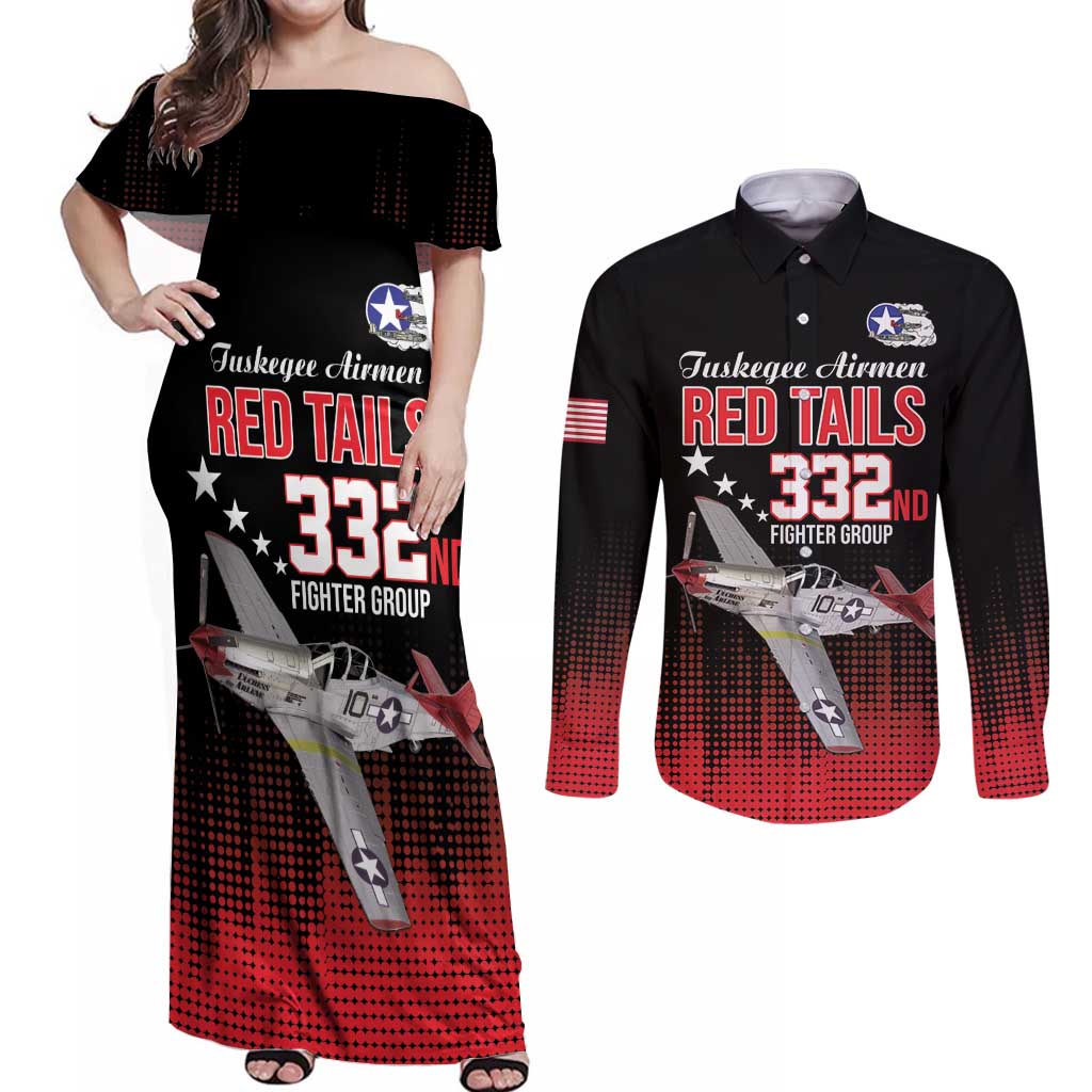 Tuskegee Airmen Red Tails Couples Matching Off Shoulder Maxi Dress and Long Sleeve Button Shirt 332nd Fighter Group WWII Tribute Black Style - Wonder Print Shop
