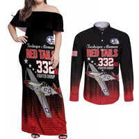Tuskegee Airmen Red Tails Couples Matching Off Shoulder Maxi Dress and Long Sleeve Button Shirt 332nd Fighter Group WWII Tribute Black Style - Wonder Print Shop