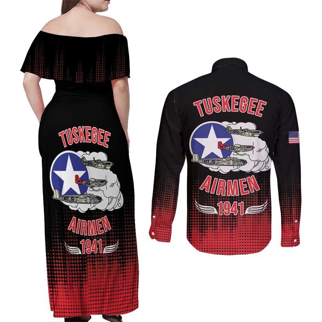 Tuskegee Airmen Red Tails Couples Matching Off Shoulder Maxi Dress and Long Sleeve Button Shirt 332nd Fighter Group WWII Tribute Black Style - Wonder Print Shop