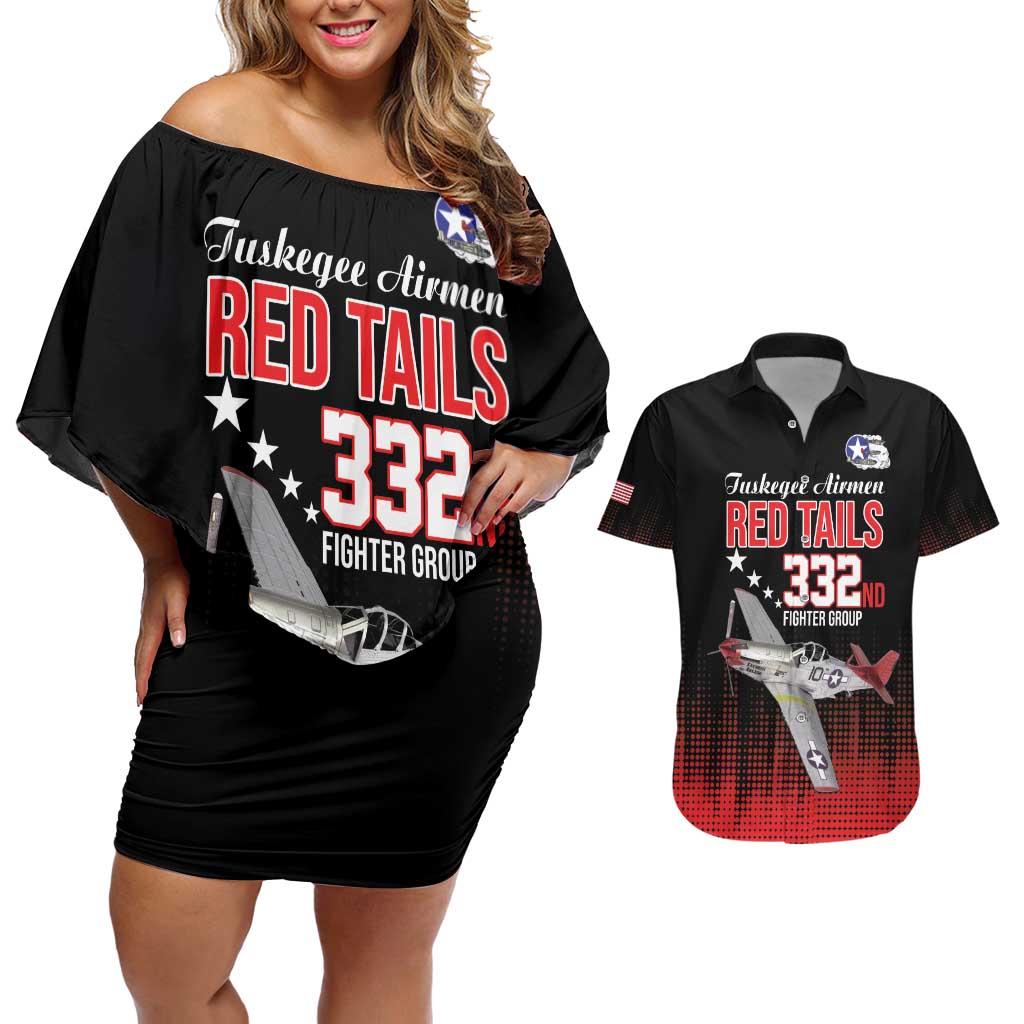 Tuskegee Airmen Red Tails Couples Matching Off Shoulder Short Dress and Hawaiian Shirt 332nd Fighter Group WWII Tribute Black Style - Wonder Print Shop