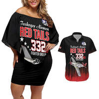 Tuskegee Airmen Red Tails Couples Matching Off Shoulder Short Dress and Hawaiian Shirt 332nd Fighter Group WWII Tribute Black Style - Wonder Print Shop