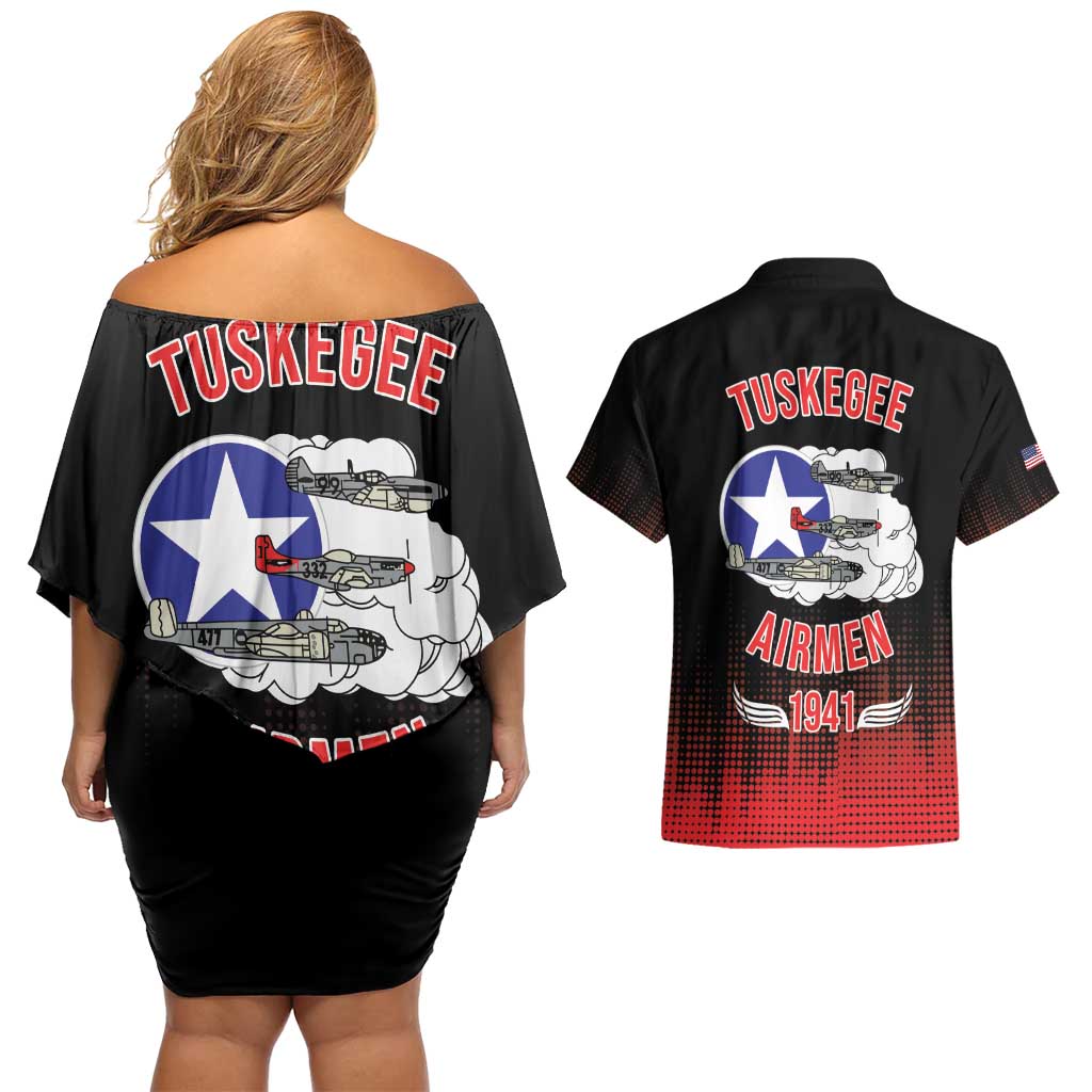 Tuskegee Airmen Red Tails Couples Matching Off Shoulder Short Dress and Hawaiian Shirt 332nd Fighter Group WWII Tribute Black Style - Wonder Print Shop