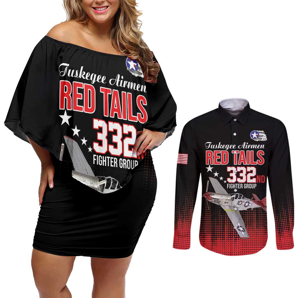 Tuskegee Airmen Red Tails Couples Matching Off Shoulder Short Dress and Long Sleeve Button Shirt 332nd Fighter Group WWII Tribute Black Style - Wonder Print Shop