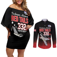 Tuskegee Airmen Red Tails Couples Matching Off Shoulder Short Dress and Long Sleeve Button Shirt 332nd Fighter Group WWII Tribute Black Style - Wonder Print Shop