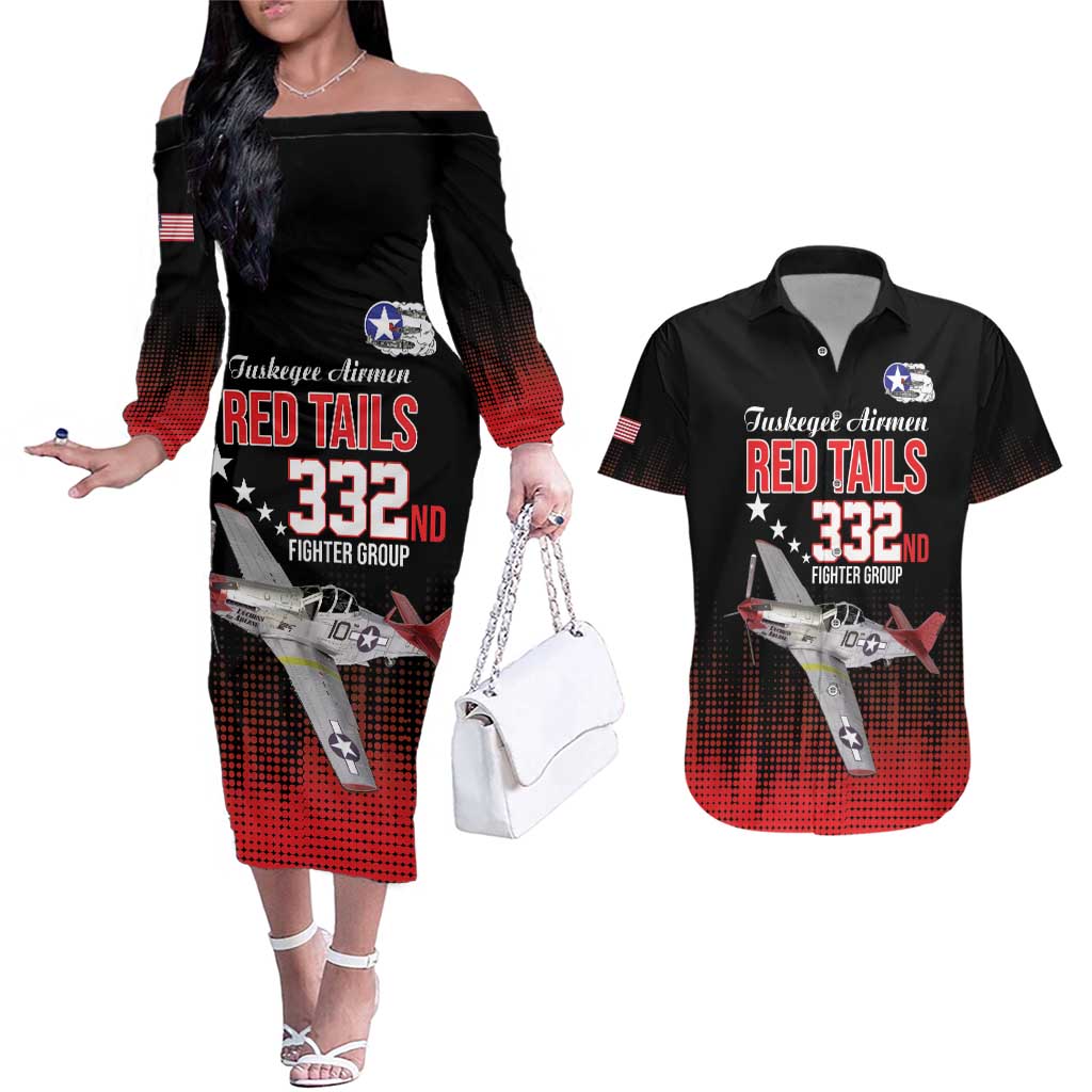 Tuskegee Airmen Red Tails Couples Matching Off The Shoulder Long Sleeve Dress and Hawaiian Shirt 332nd Fighter Group WWII Tribute Black Style - Wonder Print Shop