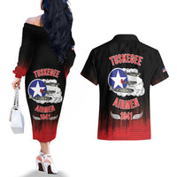 Tuskegee Airmen Red Tails Couples Matching Off The Shoulder Long Sleeve Dress and Hawaiian Shirt 332nd Fighter Group WWII Tribute Black Style - Wonder Print Shop