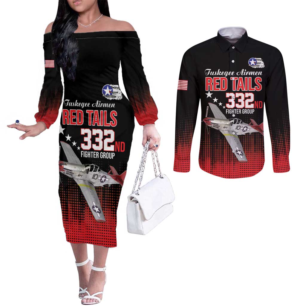 Tuskegee Airmen Red Tails Couples Matching Off The Shoulder Long Sleeve Dress and Long Sleeve Button Shirt 332nd Fighter Group WWII Tribute Black Style - Wonder Print Shop