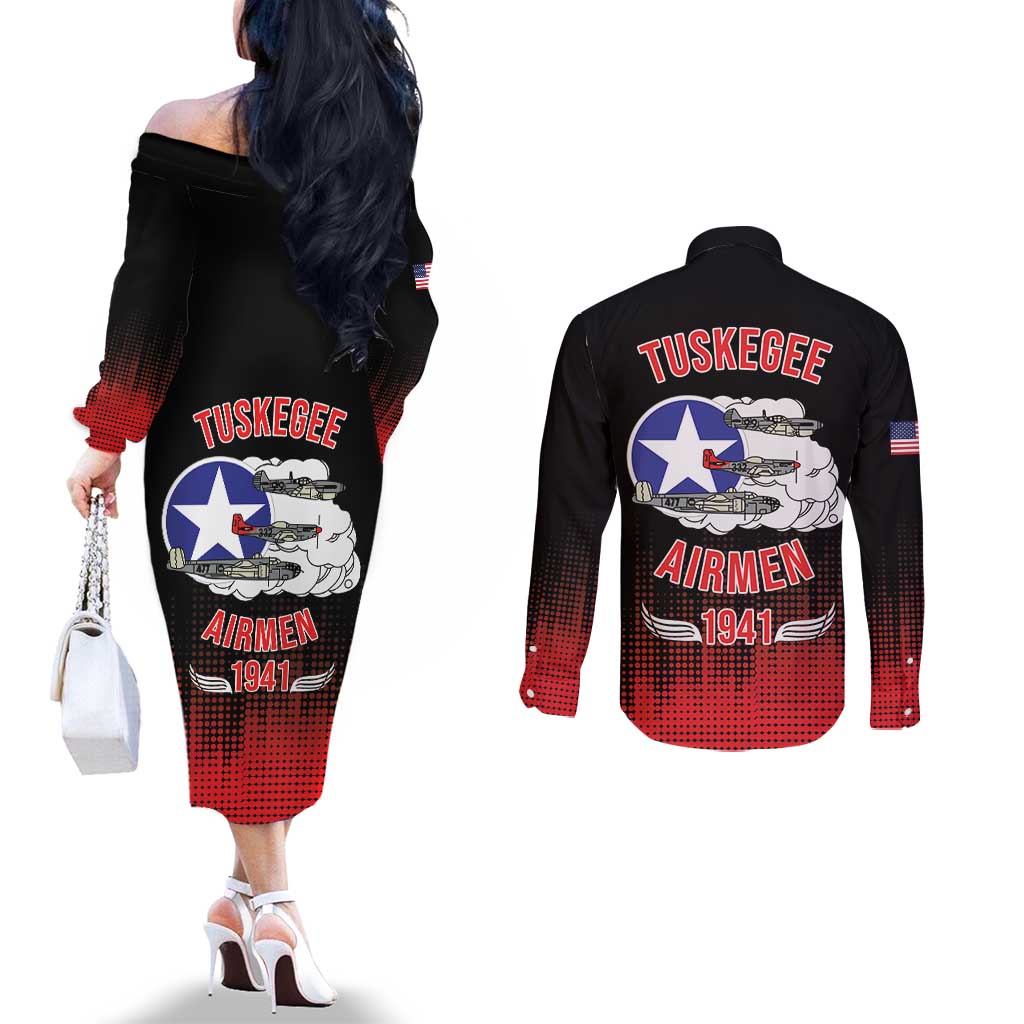 Tuskegee Airmen Red Tails Couples Matching Off The Shoulder Long Sleeve Dress and Long Sleeve Button Shirt 332nd Fighter Group WWII Tribute Black Style - Wonder Print Shop
