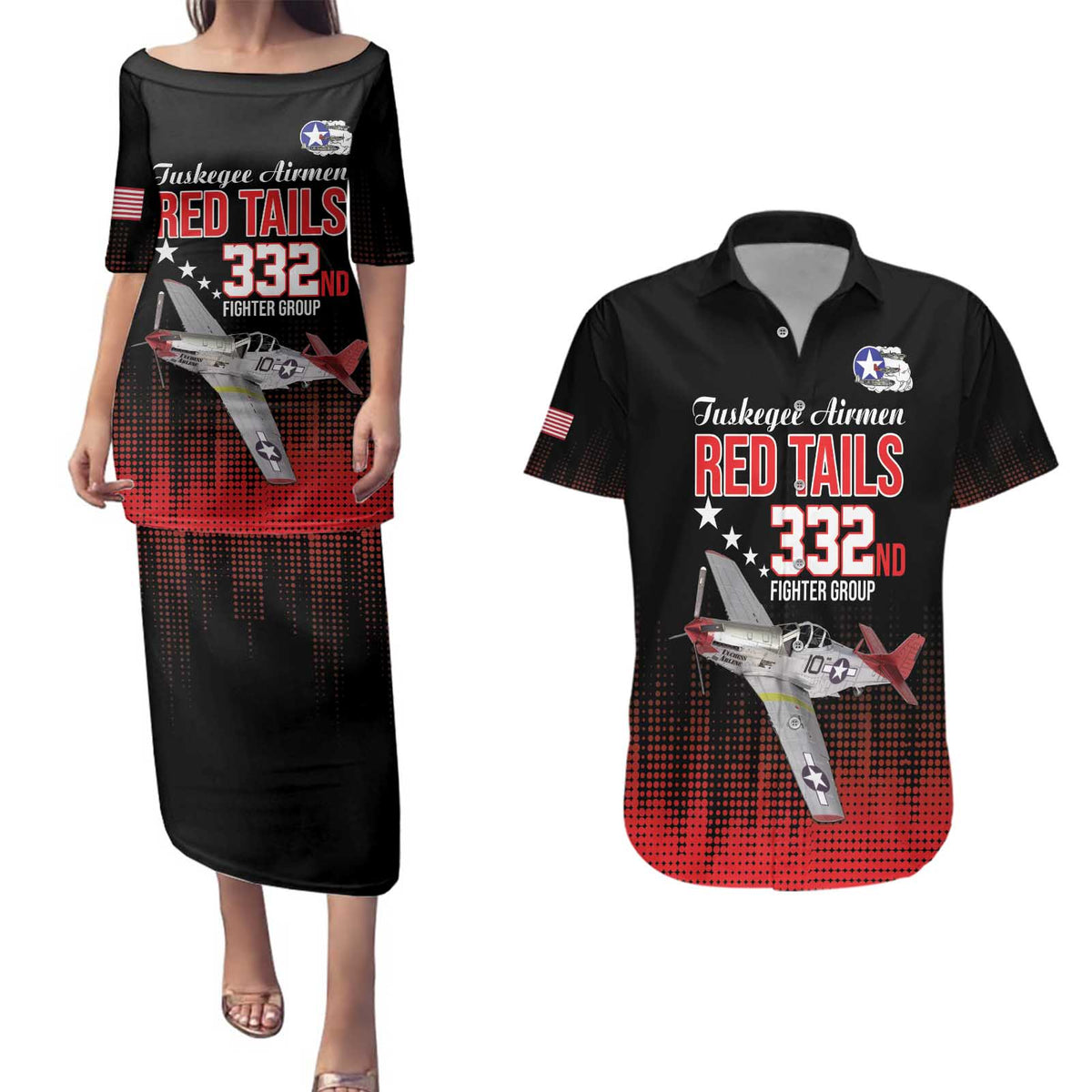 Tuskegee Airmen Red Tails Couples Matching Puletasi and Hawaiian Shirt 332nd Fighter Group WWII Tribute Black Style - Wonder Print Shop