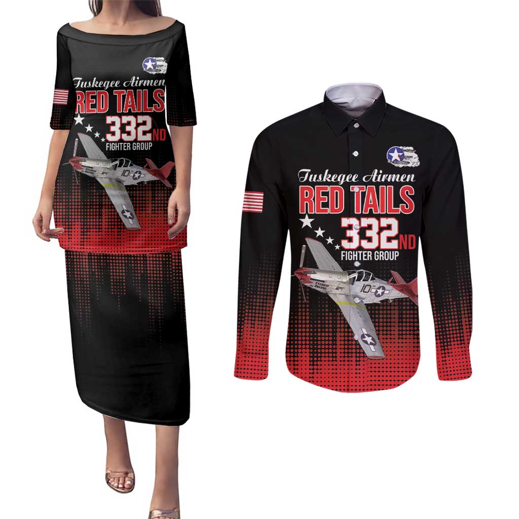 Tuskegee Airmen Red Tails Couples Matching Puletasi and Long Sleeve Button Shirt 332nd Fighter Group WWII Tribute Black Style - Wonder Print Shop