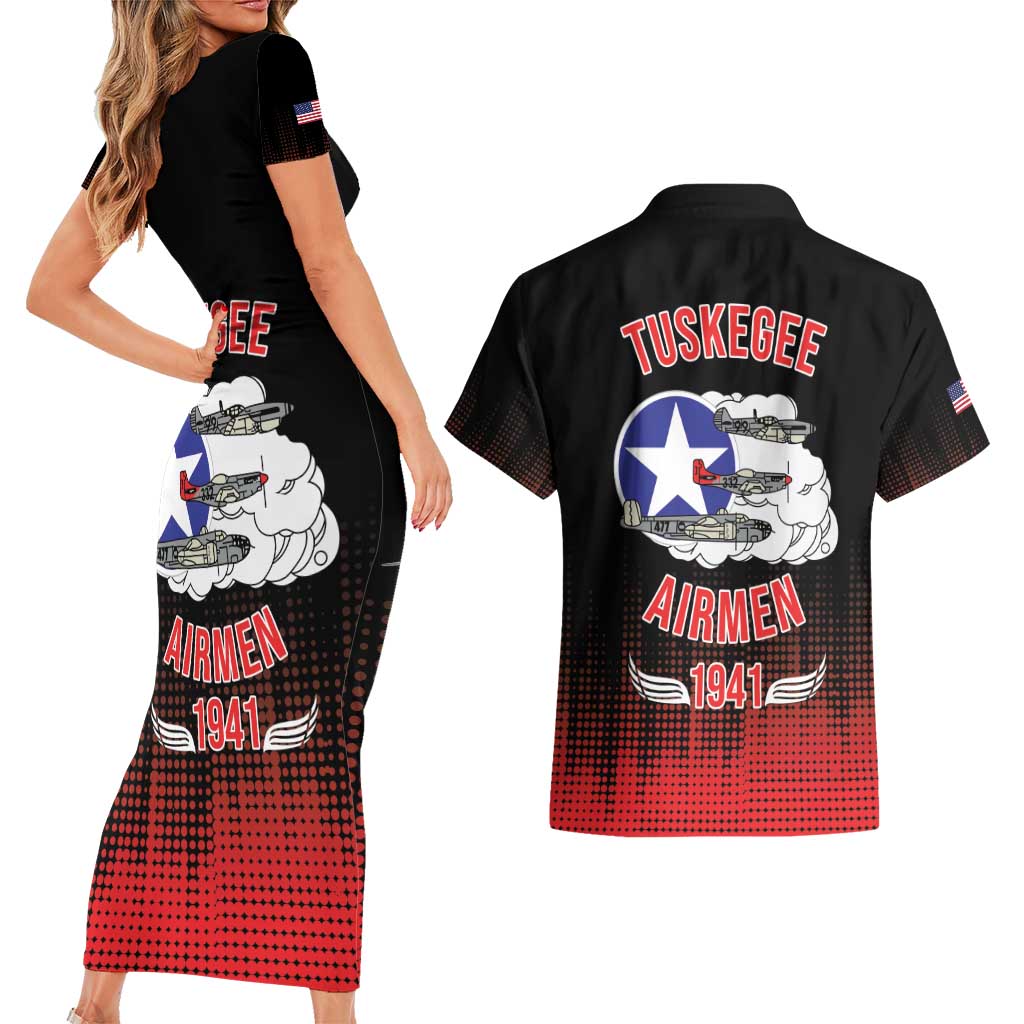 Tuskegee Airmen Red Tails Couples Matching Short Sleeve Bodycon Dress and Hawaiian Shirt 332nd Fighter Group WWII Tribute Black Style - Wonder Print Shop