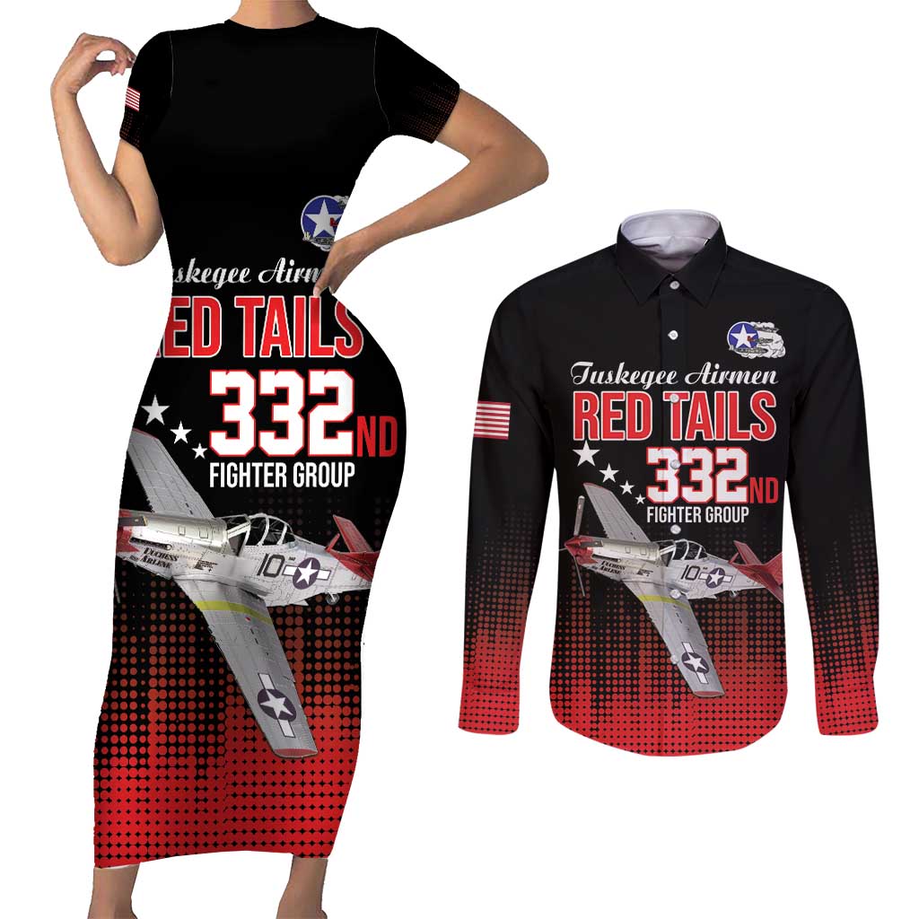 Tuskegee Airmen Red Tails Couples Matching Short Sleeve Bodycon Dress and Long Sleeve Button Shirt 332nd Fighter Group WWII Tribute Black Style - Wonder Print Shop