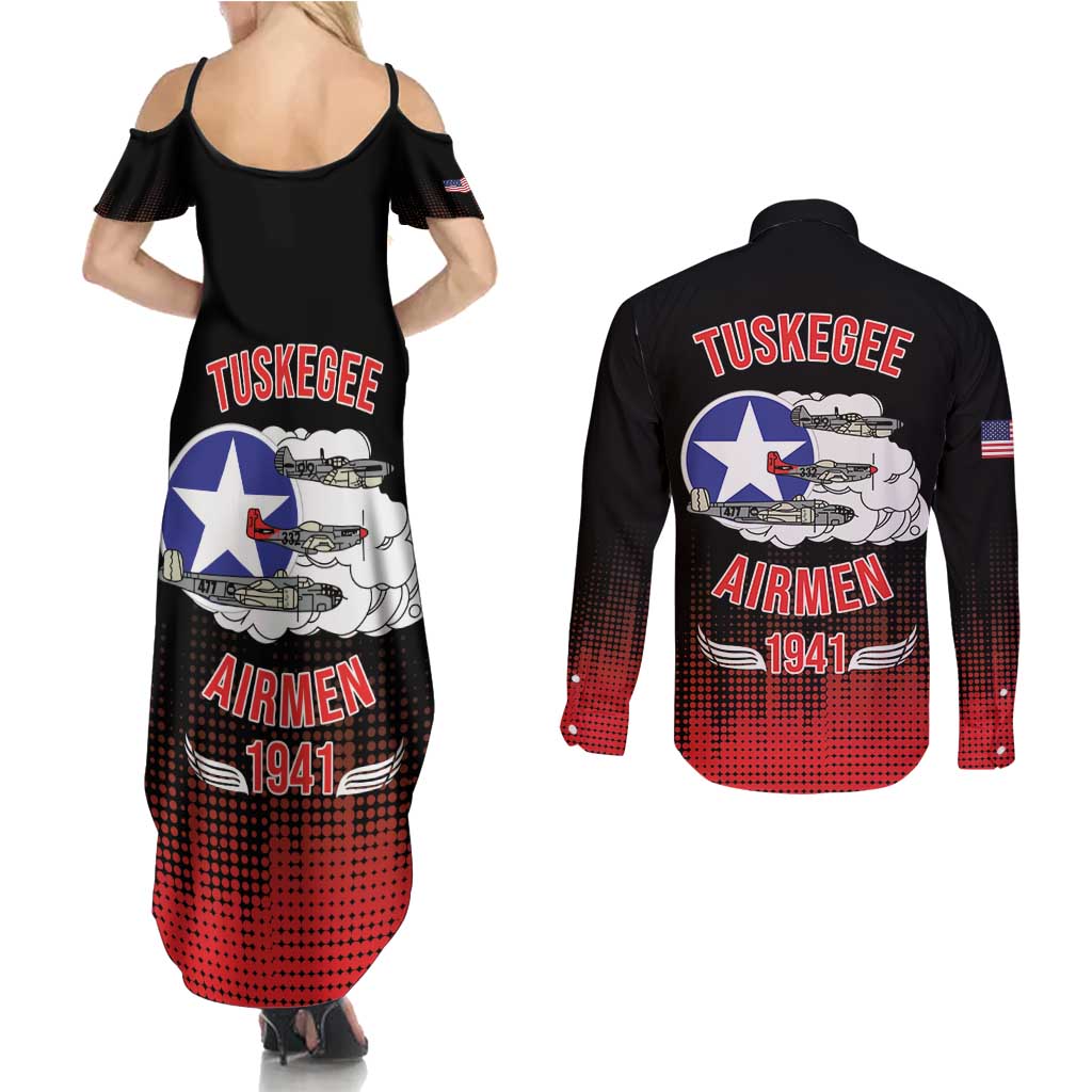 Tuskegee Airmen Red Tails Couples Matching Summer Maxi Dress and Long Sleeve Button Shirt 332nd Fighter Group WWII Tribute Black Style - Wonder Print Shop