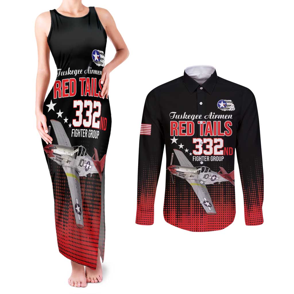 Tuskegee Airmen Red Tails Couples Matching Tank Maxi Dress and Long Sleeve Button Shirt 332nd Fighter Group WWII Tribute Black Style - Wonder Print Shop
