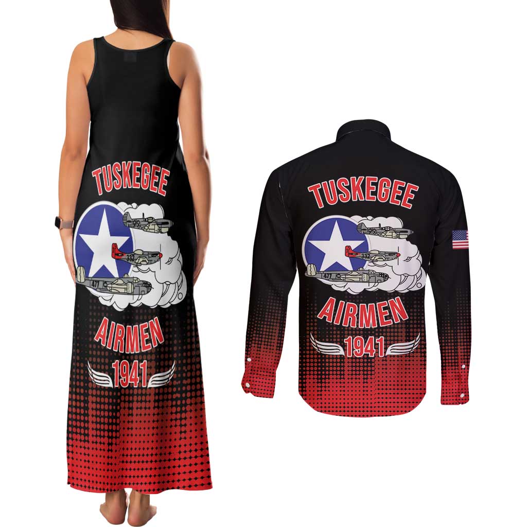 Tuskegee Airmen Red Tails Couples Matching Tank Maxi Dress and Long Sleeve Button Shirt 332nd Fighter Group WWII Tribute Black Style - Wonder Print Shop