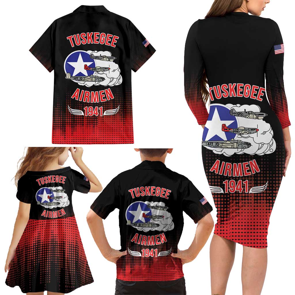 Tuskegee Airmen Red Tails Family Matching Long Sleeve Bodycon Dress and Hawaiian Shirt 332nd Fighter Group WWII Tribute Black Style - Wonder Print Shop