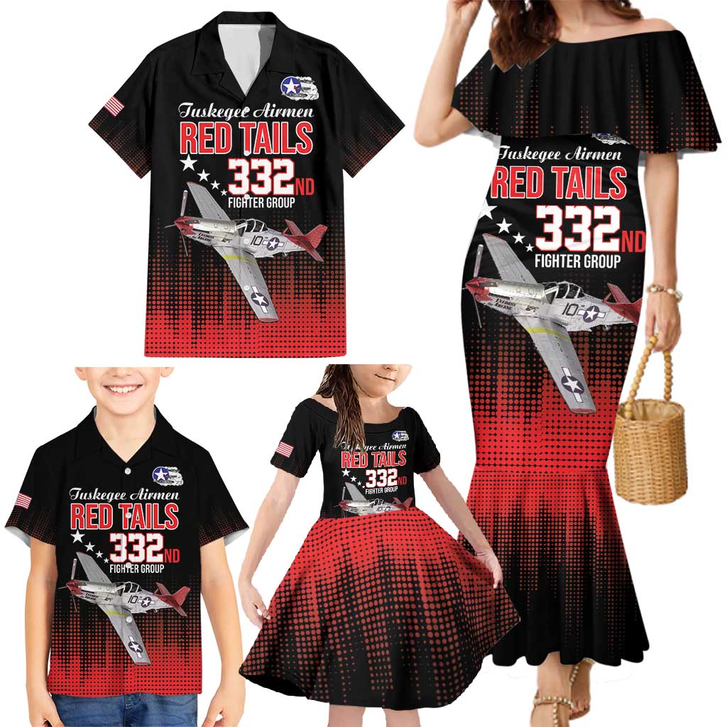 Tuskegee Airmen Red Tails Family Matching Mermaid Dress and Hawaiian Shirt 332nd Fighter Group WWII Tribute Black Style - Wonder Print Shop