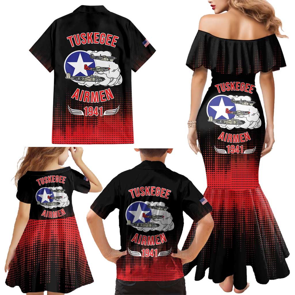 Tuskegee Airmen Red Tails Family Matching Mermaid Dress and Hawaiian Shirt 332nd Fighter Group WWII Tribute Black Style - Wonder Print Shop