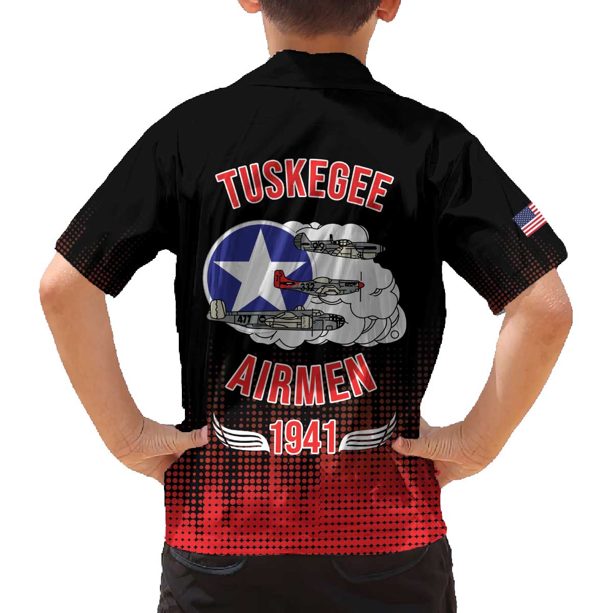 Tuskegee Airmen Red Tails Family Matching Off The Shoulder Long Sleeve Dress and Hawaiian Shirt 332nd Fighter Group WWII Tribute Black Style - Wonder Print Shop
