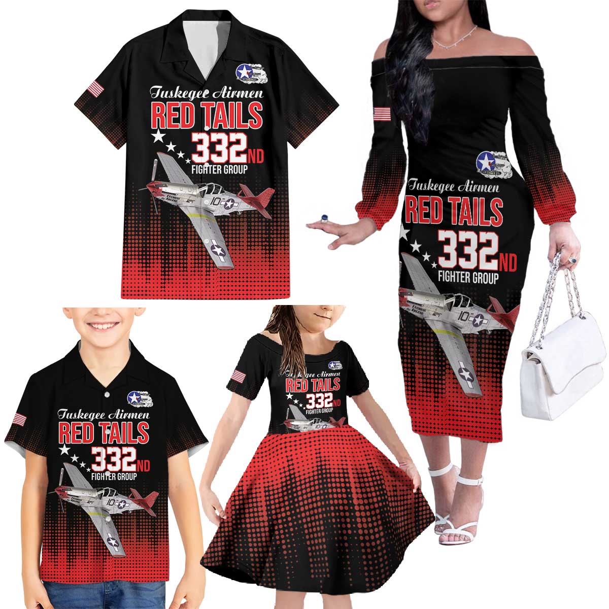 Tuskegee Airmen Red Tails Family Matching Off The Shoulder Long Sleeve Dress and Hawaiian Shirt 332nd Fighter Group WWII Tribute Black Style - Wonder Print Shop