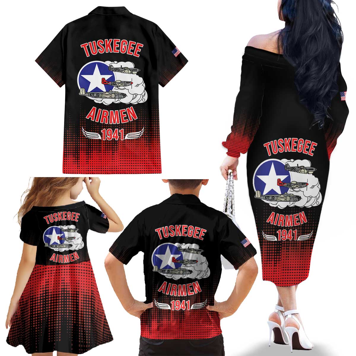 Tuskegee Airmen Red Tails Family Matching Off The Shoulder Long Sleeve Dress and Hawaiian Shirt 332nd Fighter Group WWII Tribute Black Style - Wonder Print Shop