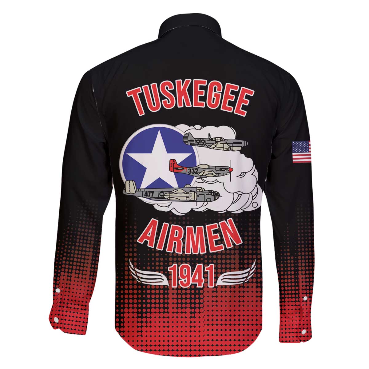Tuskegee Airmen Red Tails Family Matching Off The Shoulder Long Sleeve Dress and Hawaiian Shirt 332nd Fighter Group WWII Tribute Black Style - Wonder Print Shop