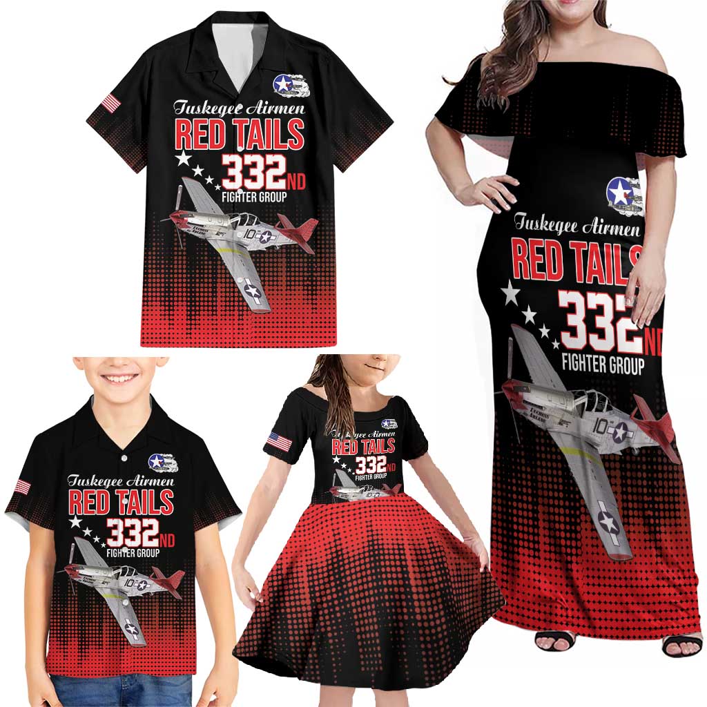 Tuskegee Airmen Red Tails Family Matching Off Shoulder Maxi Dress and Hawaiian Shirt 332nd Fighter Group WWII Tribute Black Style - Wonder Print Shop